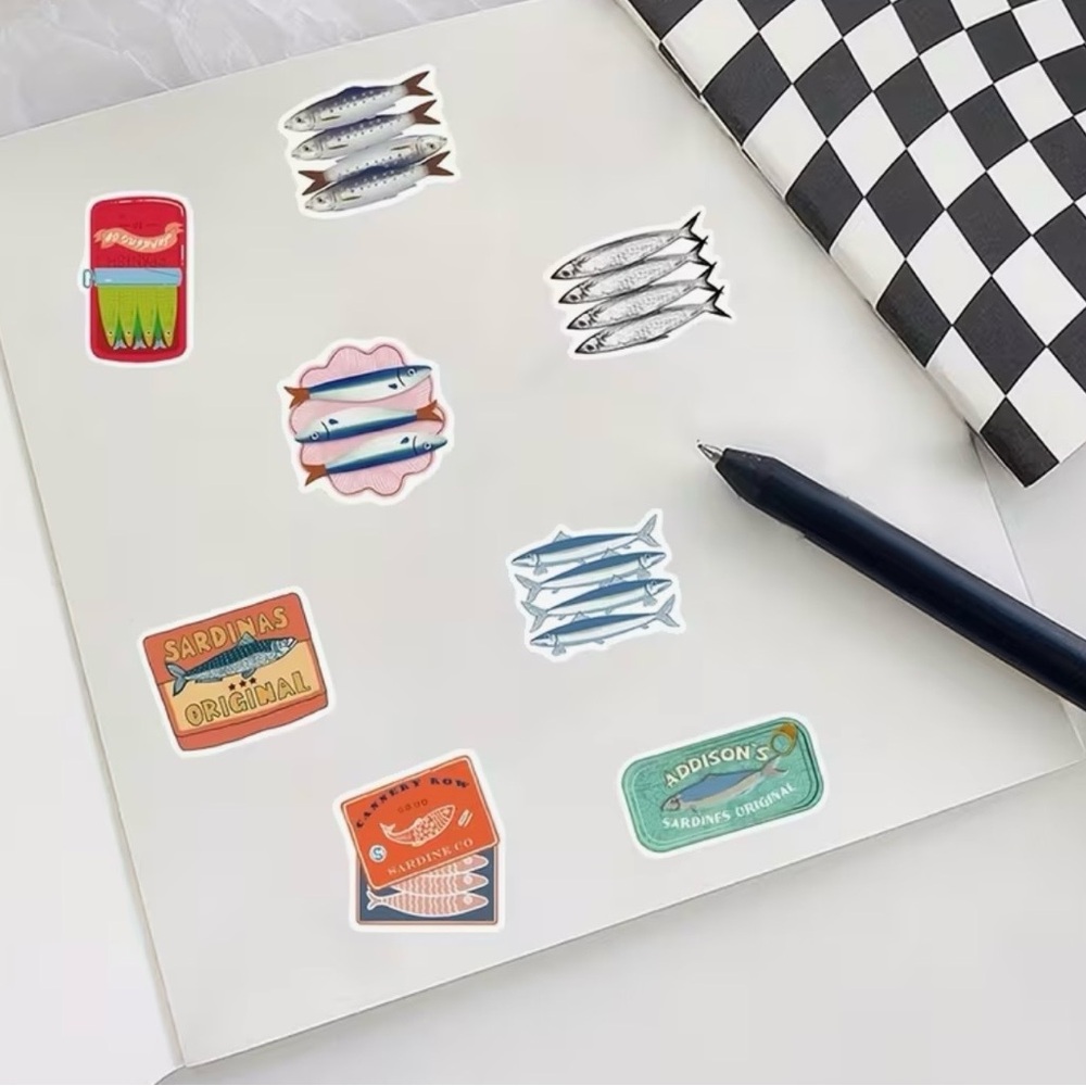50 Sardine Tin Can Fish Stickers Colorful Nautical Mediterranean Sea Italian - Picture 9 of 10